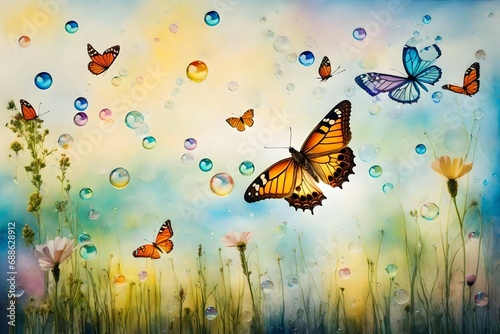 An enchanting meadow with bubbles floating, each encapsulating a unique butterfly in various stages of flight, the air filled with a sense of magic and wonder © malik