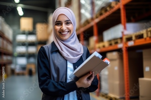 portrait of a smiling muslim female warehouse worker