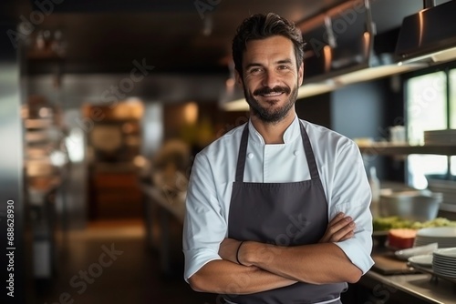 portrait of a smiling male chef in a fancy restaurant