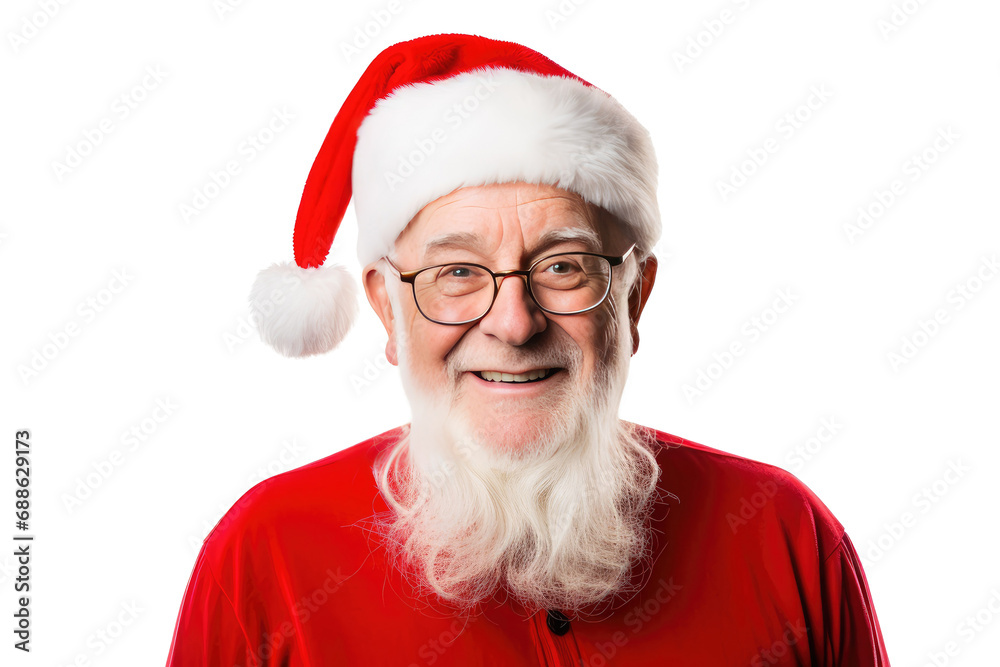 Studio portrait of an elderly man with a white beard smiling happily wearing a red Santa cap hat at Christmas isolated on transparent background. Studio portrait of an elderly man with a white beard smiling happily wearing a red Santa cap hat at Christmas isolated on transparent background.