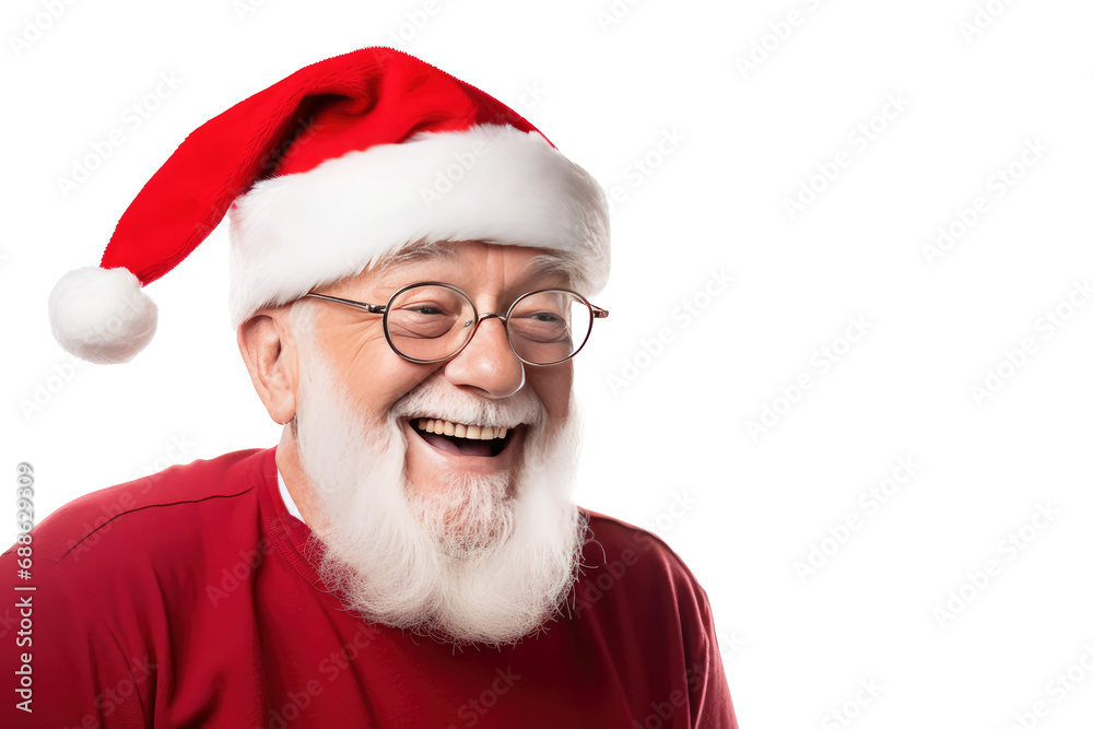 Studio portrait of an elderly man with a white beard smiling happily wearing a red Santa cap hat at Christmas isolated on transparent background. Studio portrait of an elderly man with a white beard smiling happily wearing a red Santa cap hat at Christmas isolated on transparent background.