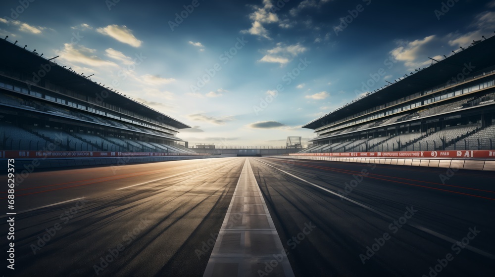 Fototapeta premium Sunset circuit motion blur road.Evening scene asphalt international race track with starting or end line.