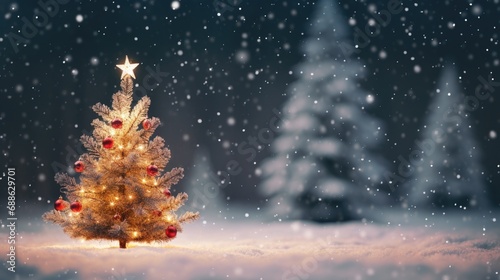 Winter Wonderland Celebration: Holiday Festive Background with Snowy Tree and Garland Lights