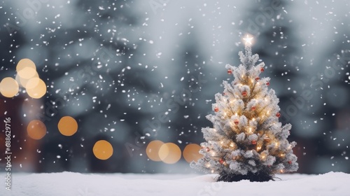Winter Wonderland Celebration: Holiday Festive Background with Snowy Tree and Garland Lights