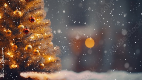 Winter Wonderland Celebration: Holiday Festive Background with Snowy Tree and Garland Lights
