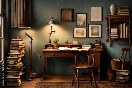 Quaint study corner with a vintage desk, a table lamp, and a stack of well-loved books