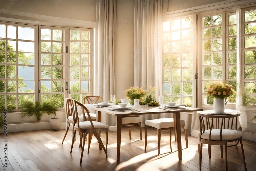 Sunlit dining area with a simple table setup, fresh flowers, and a view of greenery through the window