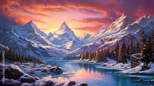 a illustration of a snowy mountain landscape