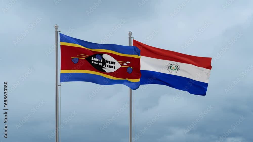 Paraguay flag and Eswatini flag waving together on cloudy sky, endless seamless loop, two country relations concept Paraguay flag and Eswatini flag waving together on cloudy sky, endless seamless loop, two country relations concept