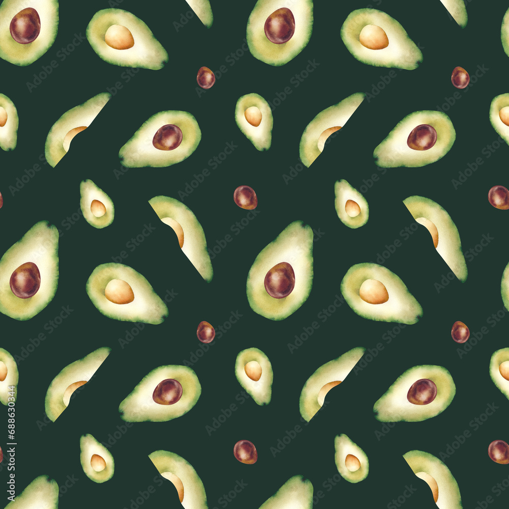 Avocado. Seamless pattern. The fruit is juicy and ripe. Watercolor illustration on a white background. Healthy eating, veganism. Logo, template, print. Avocado. Seamless pattern. The fruit is juicy and ripe. Watercolor illustration on a white background. Healthy eating, veganism. Logo, template, print.