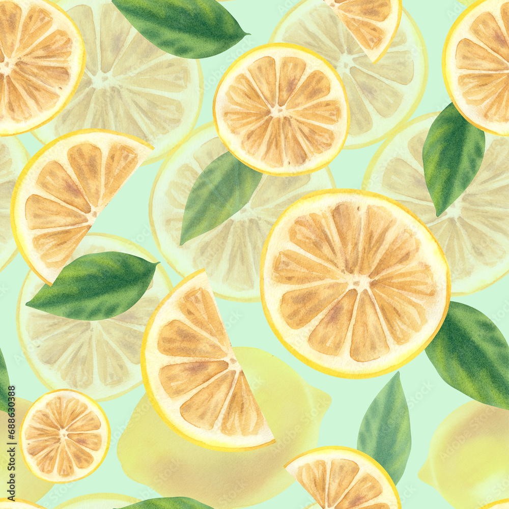 Watercolor seamless pattern of fresh juicy lemons with leaves and slices. Hand drawing. Citrus fruit background. For designers, postcards, party Invitations, wrapping.