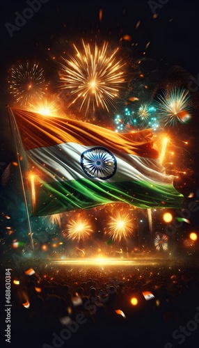 Indian republic day celebration with flag and fireworks. © Milano