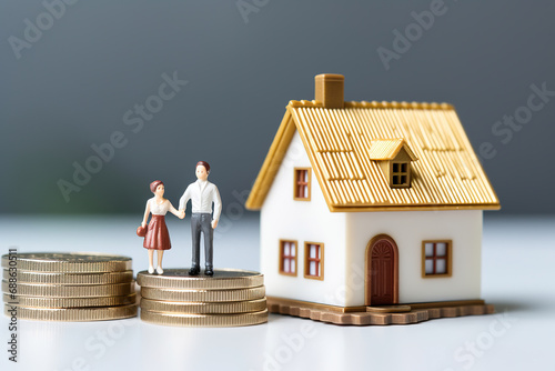 young couple on a coin stack. house, Concept of saving for a house