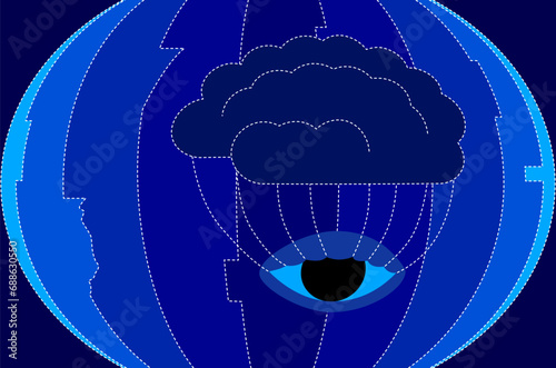 Jet lag, illustrated by image implying brain pulling eyelashes, preventing eye to close, with globe image and time zone lines in background.