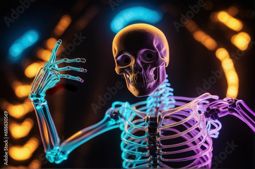 Cool neon skeleton on a dark background. photo