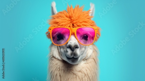 llama in stylish sunglasses: quirky commercial editorial image on solid pastel background, surreal surrealism concept