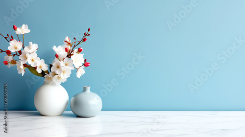 Minimalistic Interior With Marble Countertop And Vases With Flowers On A Blue Background - legal AI
 photo