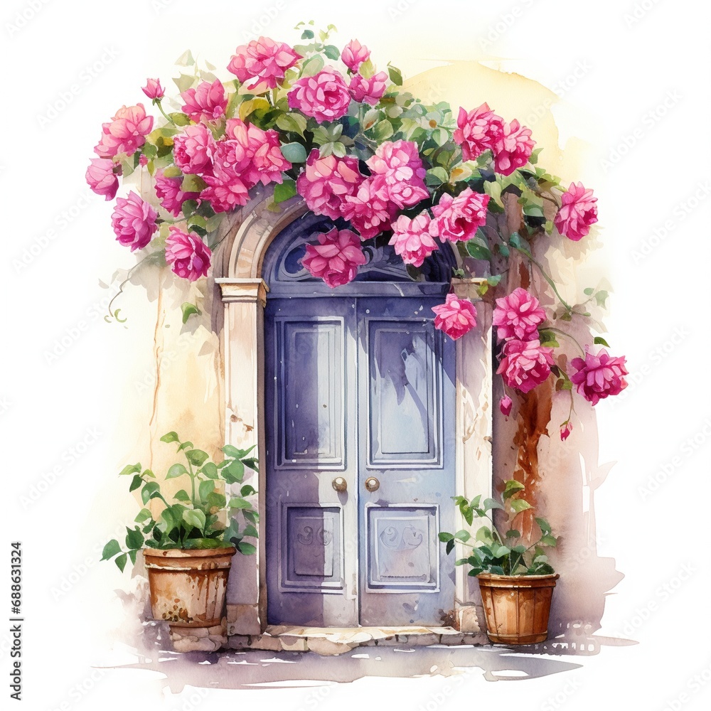 Fototapeta premium watercolour cozy door with flowers on white background