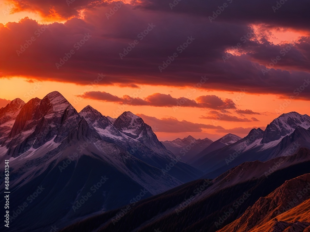 Photo A Dramatic Sunset Over A Mountain Range Generative AI