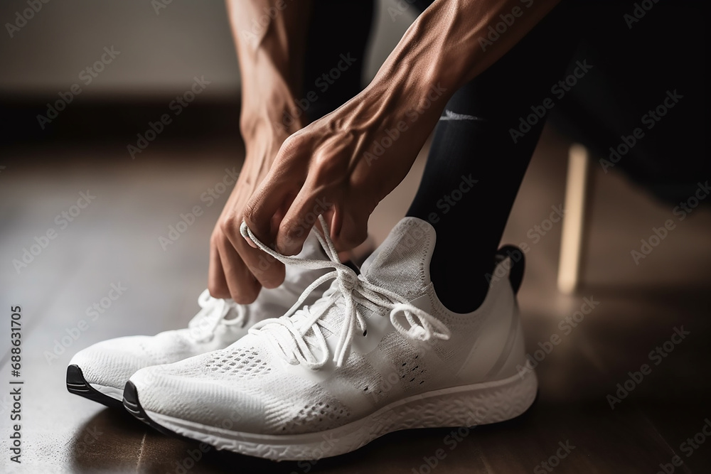 A person tying their shoes before exercising