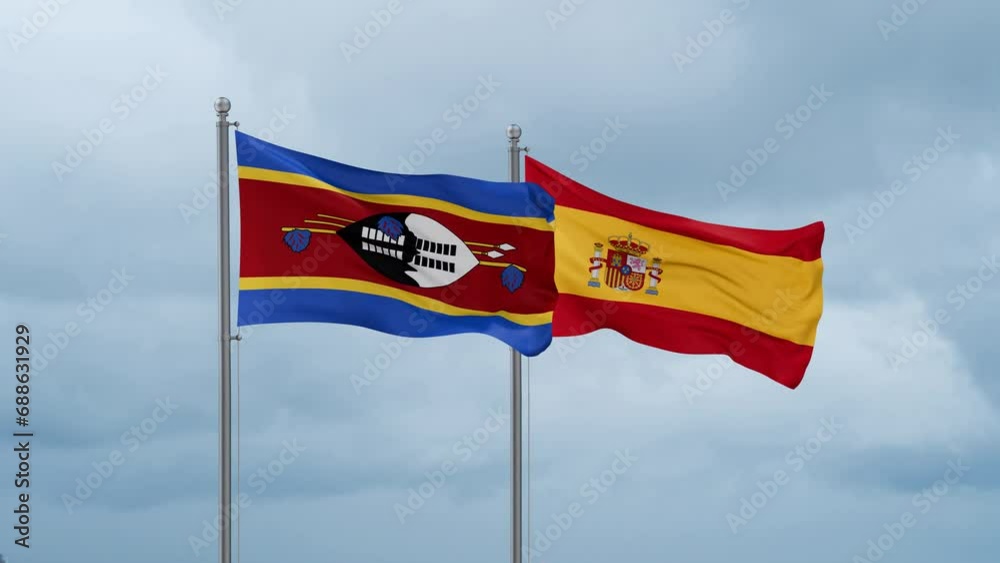 Spain and Eswatini flag waving together on cloudy sky, endless seamless loop, two country cooperation concept Spain and Eswatini flag waving together on cloudy sky, endless seamless loop, two country cooperation concept