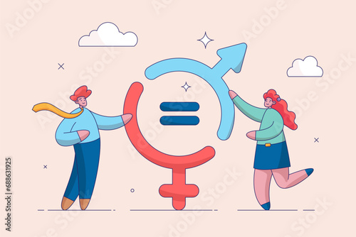 Gender equality concept. Man and woman equal, balance and diversity in workplace, female and male employee having equal opportunity, businessman and woman holding gender equality symbolic.