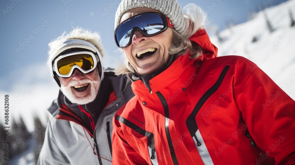 Portrait of an elderly couple in red ski suits, glasses against the background of a snow-covered mountainside, forest. Active elderly. Portrait of an elderly couple in red ski suits, glasses against the background of a snow-covered mountainside, forest. Active elderly.