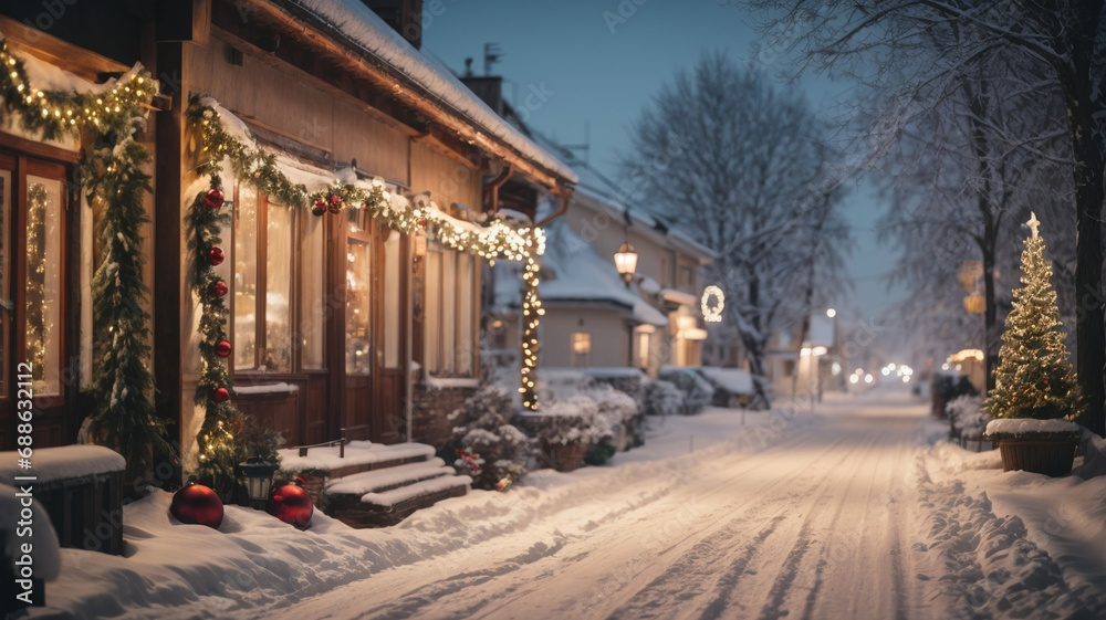 snowy winter country street with christmas decorations