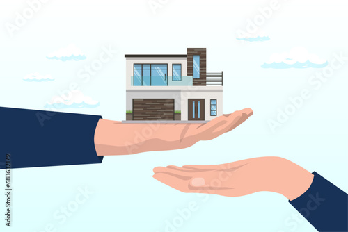 Father giving house, wealth or property to his children small hand, inherit house or real estate from parents, financial advisor on legacy planning, passing an inheritance to children (Vector)