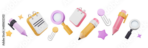 3D office supplies in border arrangement. Magnifier, document render, pen and pencil in plastic style, paper clips and volumetric stars. Vector illustration with stationery elements. School tools. © Marina