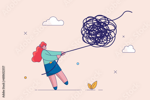 Confusion or business trouble concept. Unravel tangle problem, solving difficult knot chaos or messy issue, complicated or complex problem difficulty, businesswoman manager unravel tangled rope.