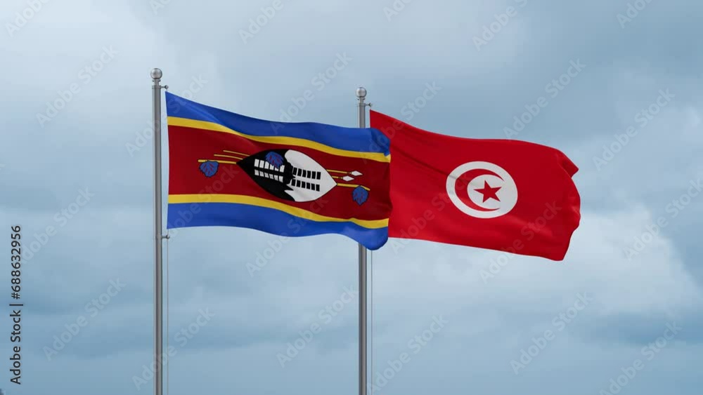 Tunisia and Eswatini flag waving together on cloudy sky, endless seamless loop, two country cooperation concept Tunisia and Eswatini flag waving together on cloudy sky, endless seamless loop, two country cooperation concept