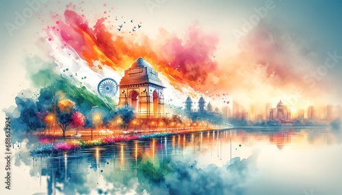 Watercolor painting of the republic day of india background. photo