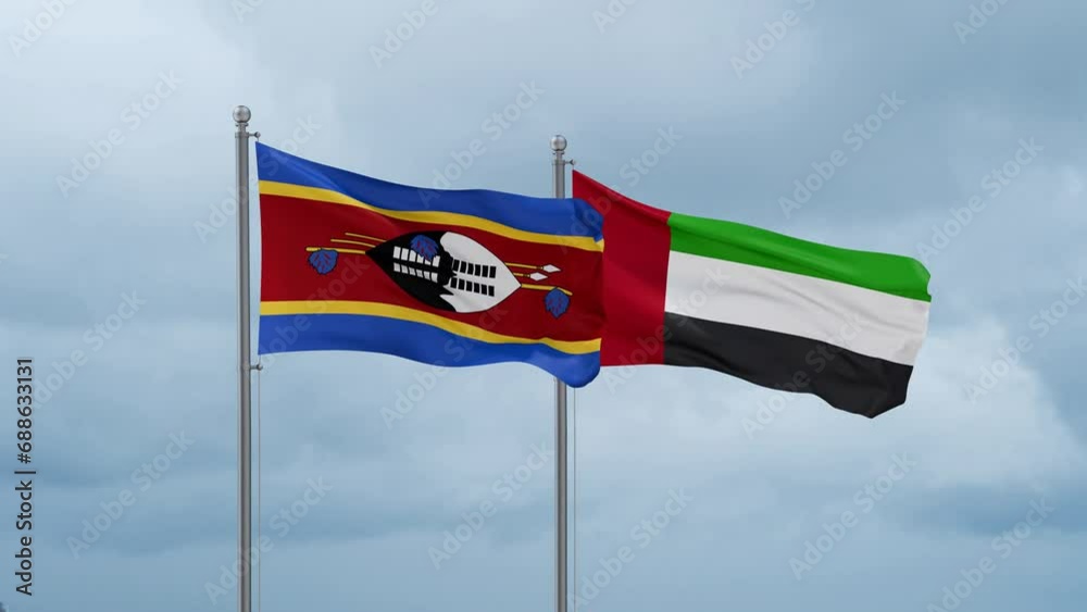 United Arab Emirates and Eswatini flag waving together on cloudy sky, endless seamless loop, two country cooperation concept United Arab Emirates and Eswatini flag waving together on cloudy sky, endless seamless loop, two country cooperation concept