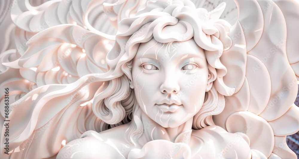 Marble statue of a woman with gracefully curly hair, creating the effect of flow and movement. Generative AI Marble statue of a woman with gracefully curly hair, creating the effect of flow and movement. Generative AI