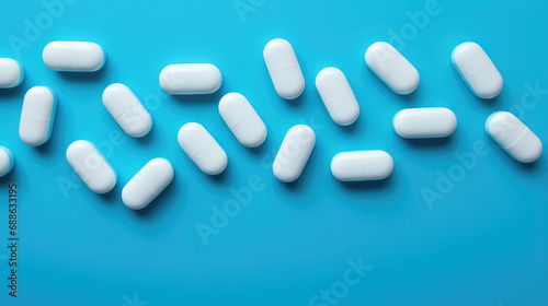 medical tablets on a blue background, top view