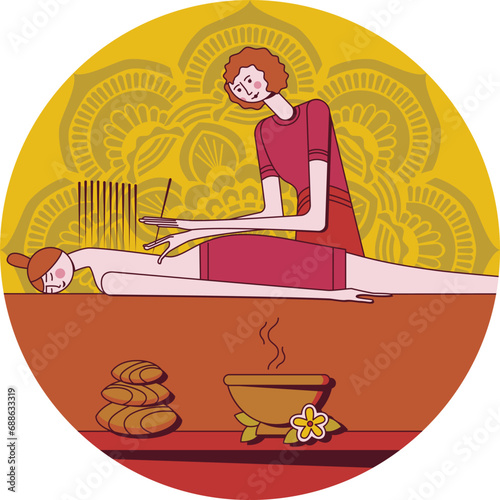 Needle Acupuncture Treatment with professional acupuncturist in spa. Chinese acupressure. Isolated flat vector illustration in circle shape.