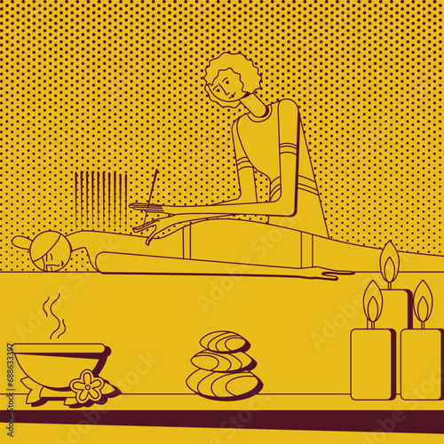 Sketch of Needle Acupuncture Treatment with professional acupuncturist in spa. Isolated vector illustration in retro style.