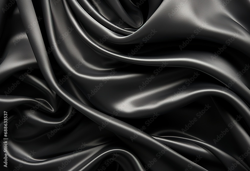 Luxurious high definition black silk fabric with a smooth texture, beautiful folds and curves, perfect for backgrounds, wallpaper or design projects.