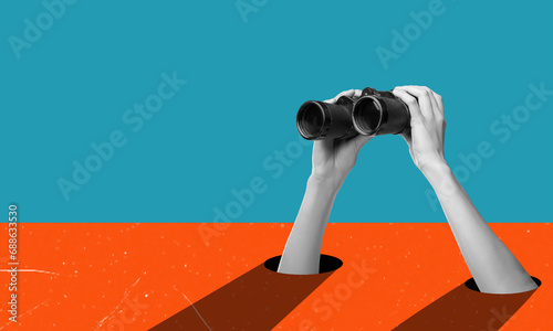 Art collage, hands holding binoculars on blue orange background. photo