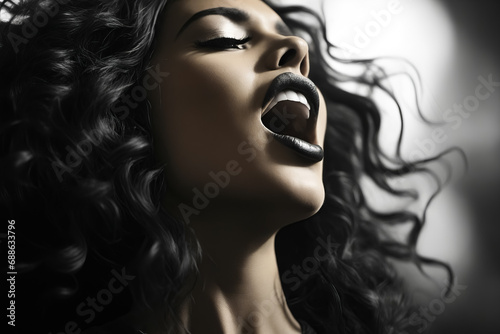 Woman with her mouth open and her hair blowing in the wind.