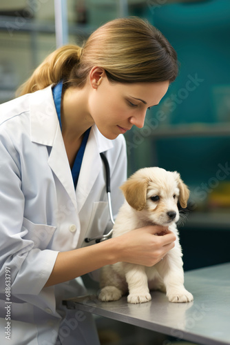 Female veterinarian examining a puppy in clinic