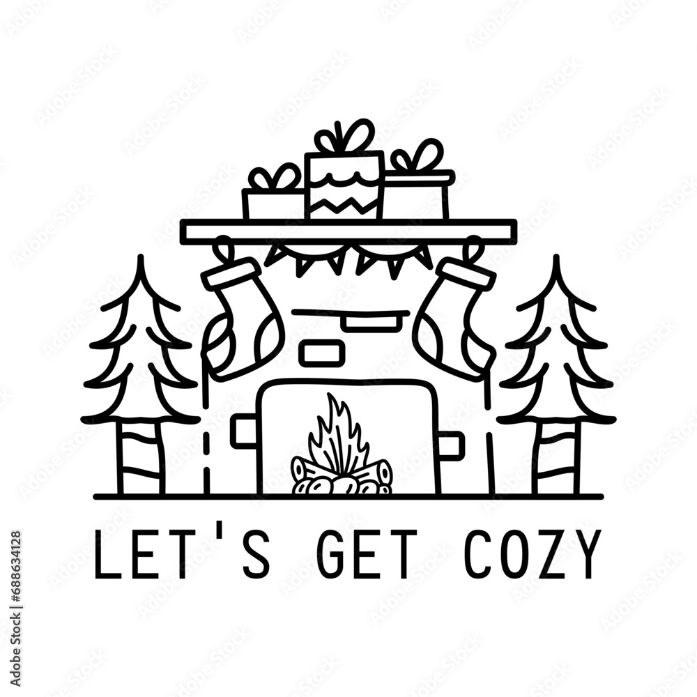 Fototapeta premium Winter Camping Logo design with chimney and text - lets get cozy. Christmas adventure badge in line silhouette style. Mountain hiking label. Stock vector monochrome insignia