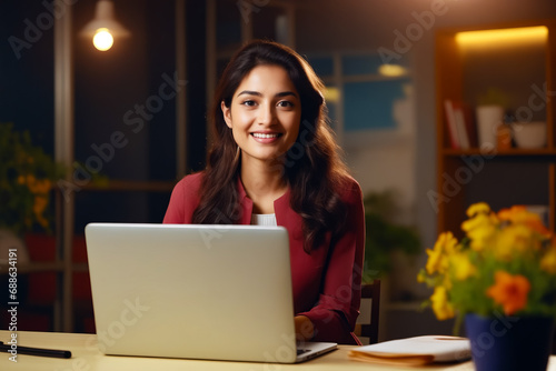 Woman sitting at table with laptop computer.