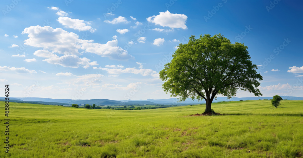 endless green meadow, there is one big trees