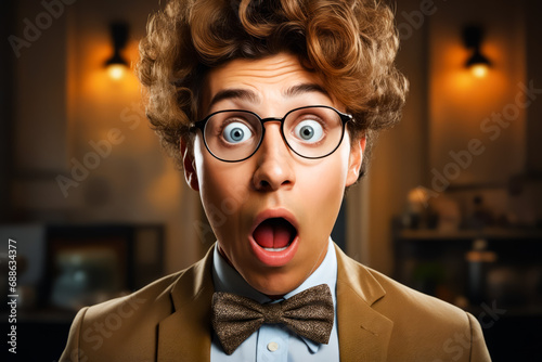 Man with glasses and bow tie making surprised face.