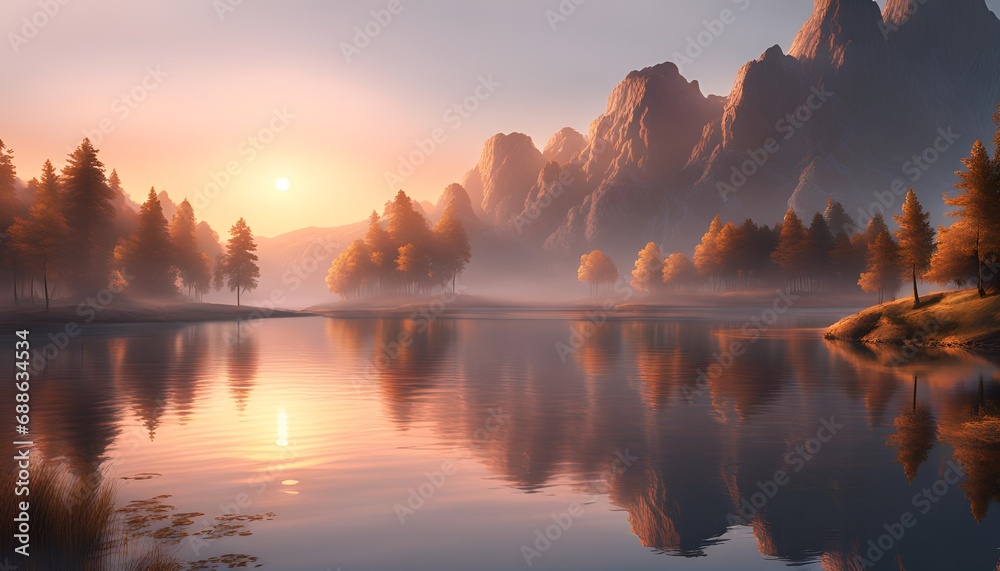 Tranquil Lakeside View at Dawn with Calm Waters Reflecting the Soft Hues of the Rising Sun and Dista