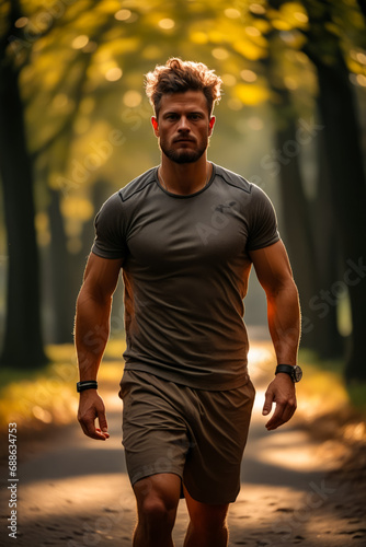 Man running down path in the woods with trees.