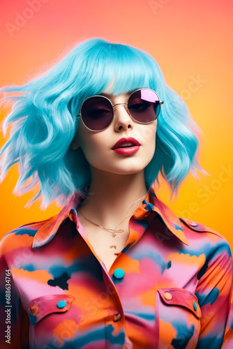 Woman with blue hair and sunglasses on pink and orange background.