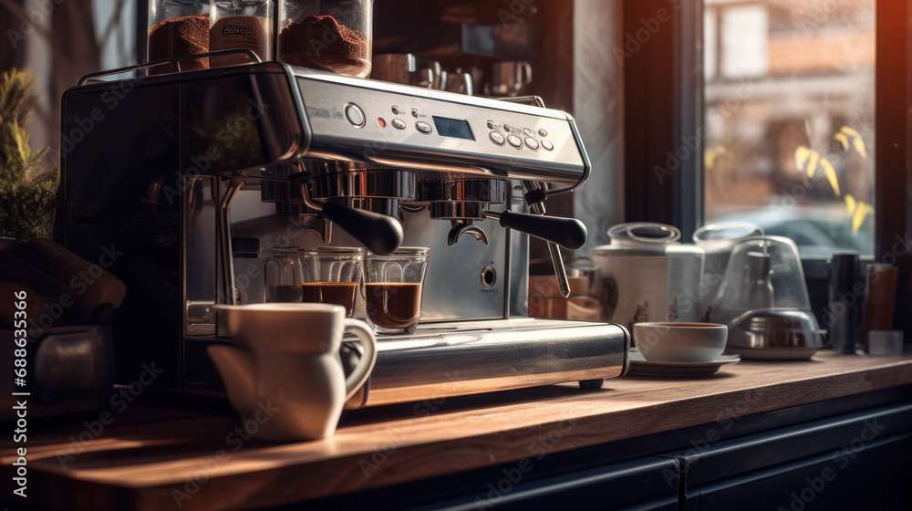 Modern coffee machine on the table in the kitchen. Fresh coffee. On the kitchen table, coffee is prepared for breakfast using a coffee machine. Technology concept. Modern coffee machine on the table in the kitchen. Fresh coffee. On the kitchen table, coffee is prepared for breakfast using a coffee machine. Technology concept.
